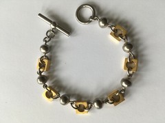 Mixed Metal 7″ Link Bracelet Square Gold + Round Silver Links Toggle Clasp