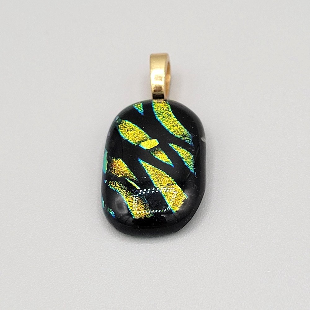 Dichroic Glass Pendant With Gold Tone Bail Shiny Glittery Green Black