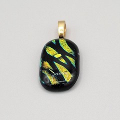 Dichroic Glass Pendant With Gold Tone Bail Shiny Glittery Green Black