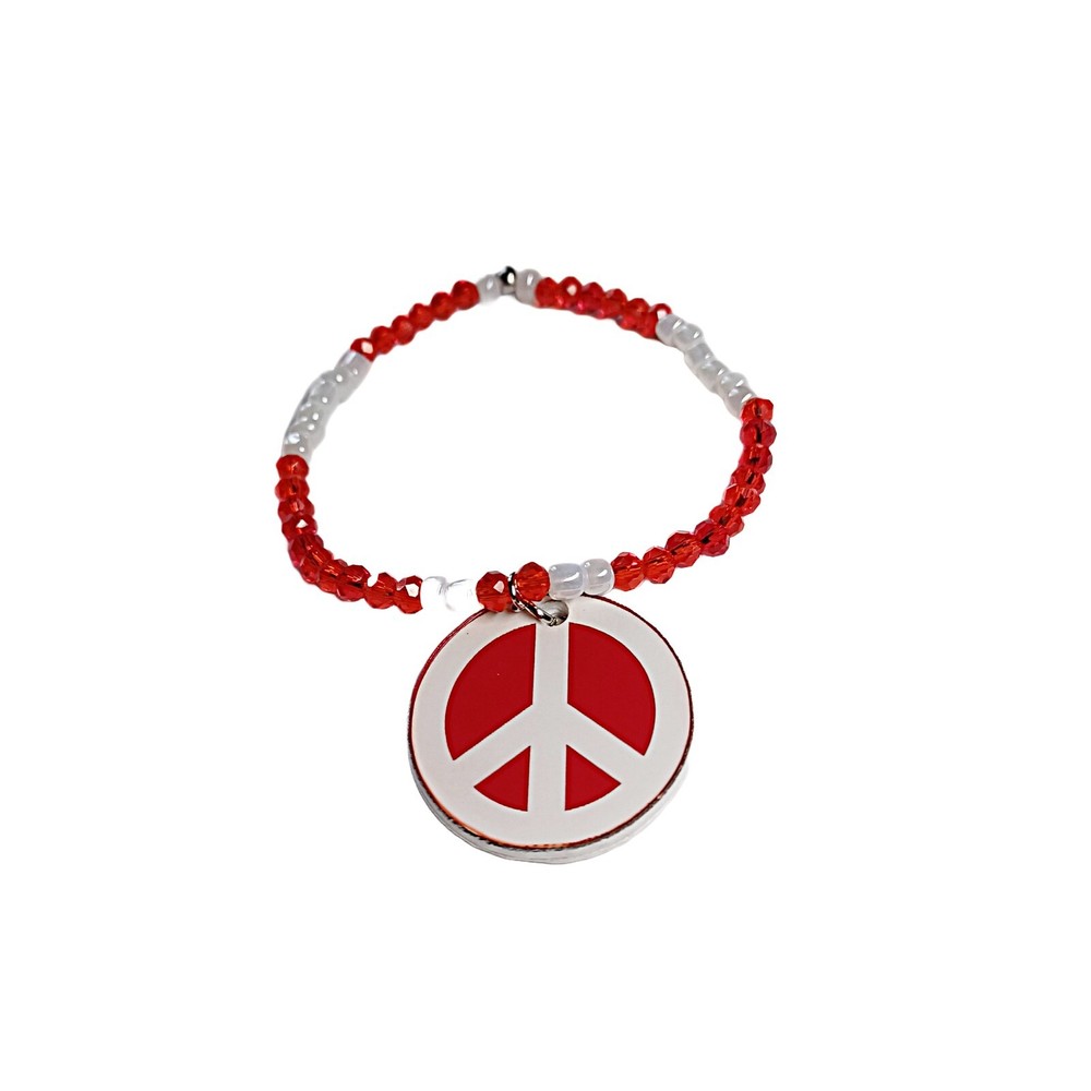Red and White Beaded Bracelet with Peace Sign Charm