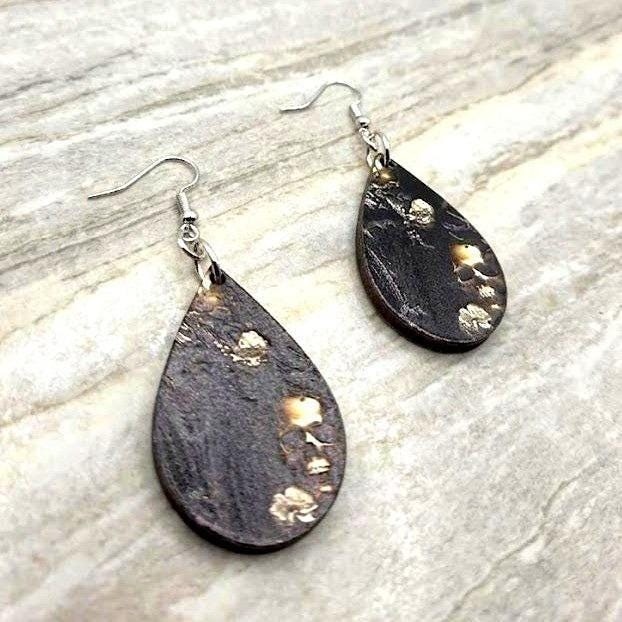 Handmade Earrings Silver Goth Skull Floral Pillar UV Printed Teardrop Dangle