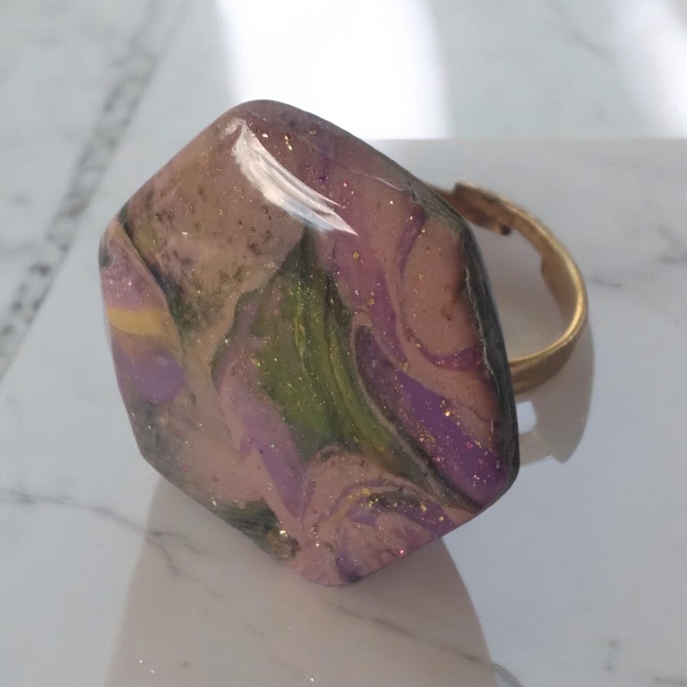 Handcrafted Gold Adjustable Polymer Clay Ring Pink Purple Green Hexagon Shaped