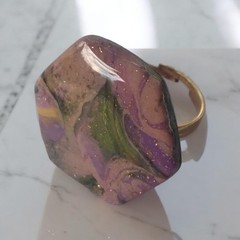 Handcrafted Gold Adjustable Polymer Clay Ring Pink Purple Green Hexagon Shaped