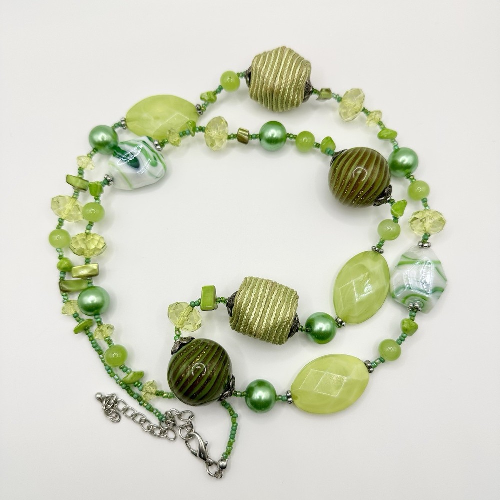 Green Venetian Art Glass Bead Necklace Lucite Fabric Lampwork Artisan 35-38”