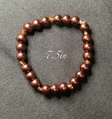 Bracelet Chocolate Brown Faux Pearls w/ Amber Glass Seed Beads 7.5 In + Stretch