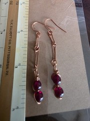 Healing USA PURE COPPER Vtg. Garnet GLASS Earrings Handmade Chain, French Hooks