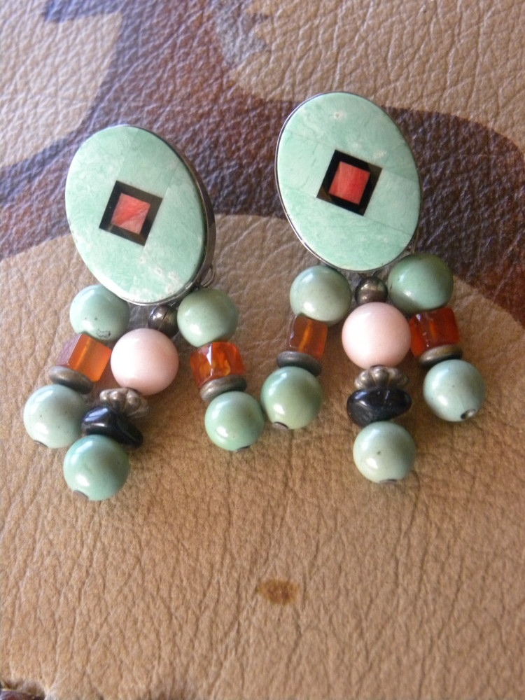 JUAN WILLIE FOX TURQUOISE MULTISTONE INLAY EARRINGS 2″