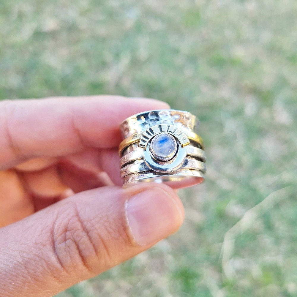 Genuine Moonstone Spinner Ring 925 Sterling Silver Meditation Ring Fidget Ring