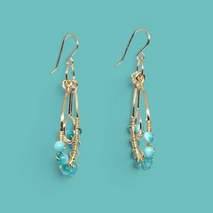 Handmade Turquoise Cat’s Eye Gold Wire Wrap Hoop Dangle Boho Earrings