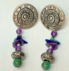 Silver Medallion Dangle Pierced Amethyst Turquoise Earrings