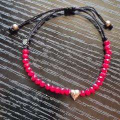 Adjustable Red Beaded Bracelet with Sterling Silver Heart Charm and Bolo Closure