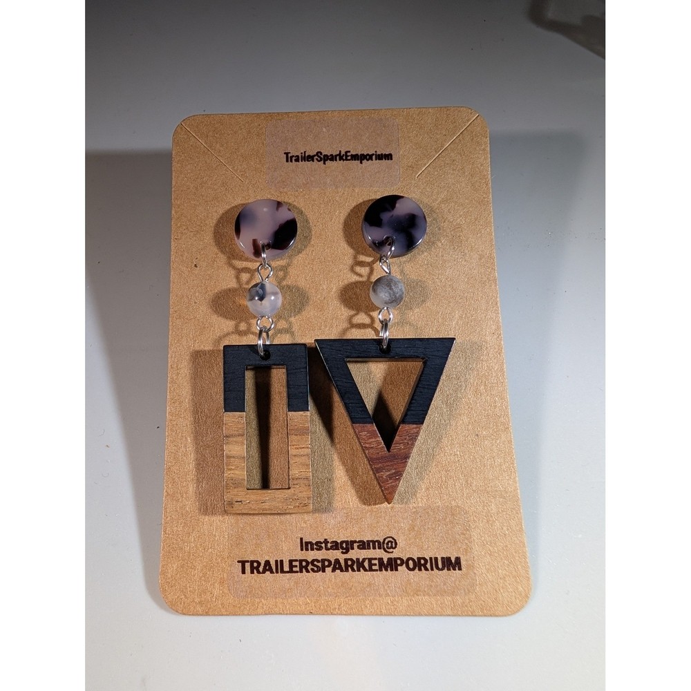 TrailerSparkEmporium Geometric Wood Resin Drop Earrings Asymmetrical Nickel Free