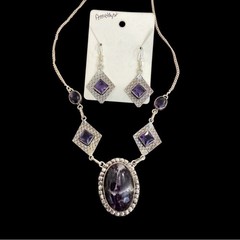 Banded Amethyst & Amethyst Necklace & Earring Set 925 Silver Stamped