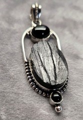 New Set Black Tourmaline Onyx Pendant Earrings Silver Modern Protection Core