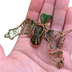 Natural Dragon Bloodstone Copper Wire Wrap Bat Pendant Handmade Gothic Gift
