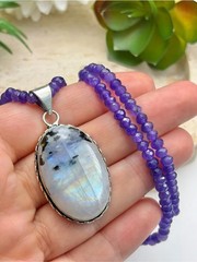 Rainbow Moonstone Pendant Oval Amethyst Necklace Sterling Silver 925 Overlay New