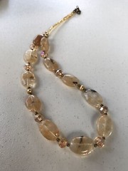 Handmade Necklace of Honey Quartz Glass, Golden Crystal, and Bronze Metal Beads