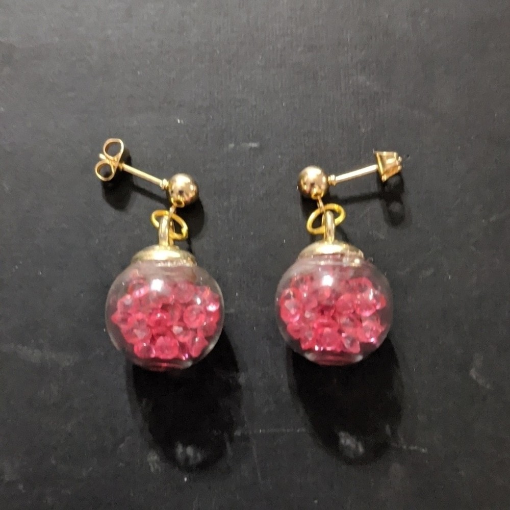 Gold Tone Magenta Pink Crystal Filled Balls Dangle Drop Statement Earrings