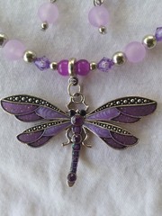 Handcrafted Purple Silver Beaded Memory Wire Dragonfly Choker Earring Set