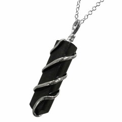 Black Tourmaline Spiral Wire Wrap Pendant Point Chakra Crystal Silver Necklace
