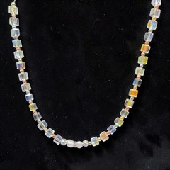 Vintage/Artisan Austrian Crystal AB Cube Necklace With Freshwater Pearls