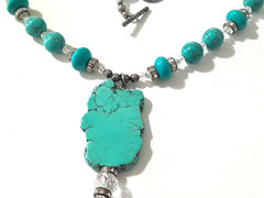 Artisan Made Turquoise Slab & Crystal Beaded Necklace Pendant Boho Southwestern