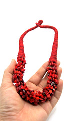 Bohemian Red Coral Chips Choker Necklace Chunky Statement Beaded Collar 40cm
