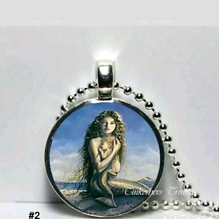 Mermaid And Child pendant necklace Glass Dome Cabochon 25mm