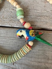Wooden Disc Bead Hand Painted Parrot Chunky Tropical 30” Necklace