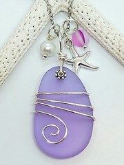 Sea Glass Necklace Jewelry w/ Lavender Pendant Silver Wire Wrapped Handcrafted