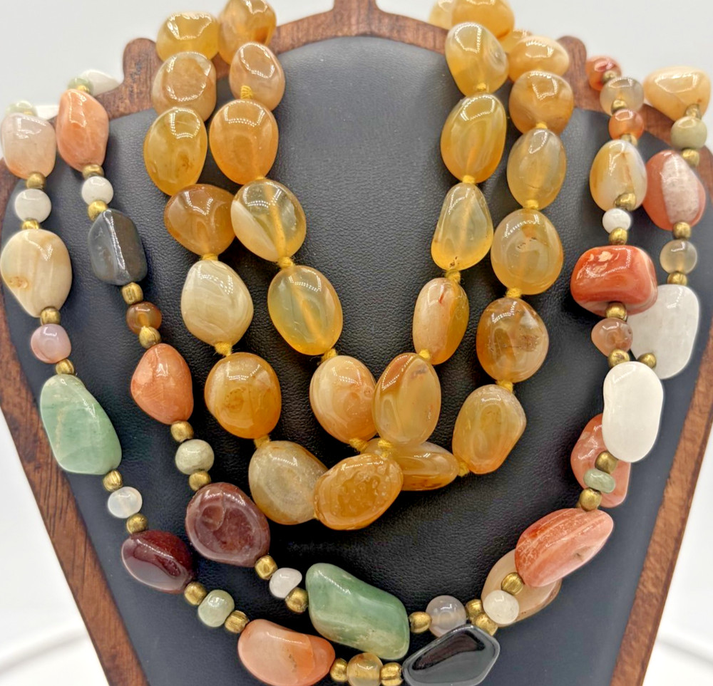 Chunky Beggars Bead Tumbled Agate Carnelian Gemstone Multi Strand Necklaces Boho