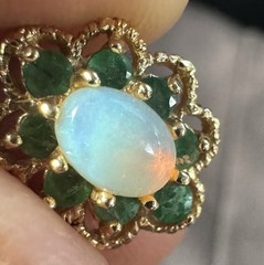 Vintage 14K Solid Gold Precious Gemstone Flower Pendant Emerald Ethiopian Opal