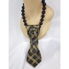Artisan Vintage Tie Necklace Jardine Black Yellow Stripe Pendant Chunky Beaded