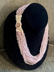 Crochet Necklace-Multistrand Lavender Beads on Silk-Mother-of-Pearl-Handcrafted