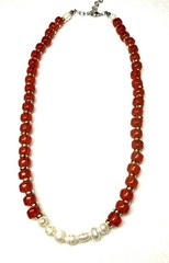 Handmade Red Glass Bead And Fresh Water Pearl Necklace Gold Spacer Elegant