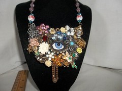 *SALE*Vintage Victorian Flower Antique Eye Rhinestone Collage Statement Necklace