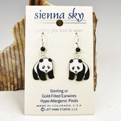 Sienna Sky Earrings Sterling Silver Hook Hand Painted Panda Fun Handmade in USA