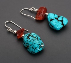 Vintage Turquoise Amber Hook Dangle Earrings Handmade Southwestern
