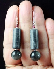 BLACK JASPER, BLACK GRAY TIGER EYE, PYROPE GARNET STERLING SILVER EARRINGS