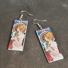 Art Nouveau Alfonse Mucha Painting Lucite Acrylic Rectangle Pendant Earrings