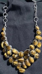 Golden Tiger Eye Gemstone Necklace 925 Silver 22” Bib Style Chunky Design Rare