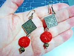 3 1/4″ Drop Dangle Red Cinnabar Resin & Brass Emblem Earrings on Brass Earwires