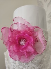 Organza Ribbon Satin Silk Magenta Pink Fabric Flower Crystal Brooch Pin Handmade