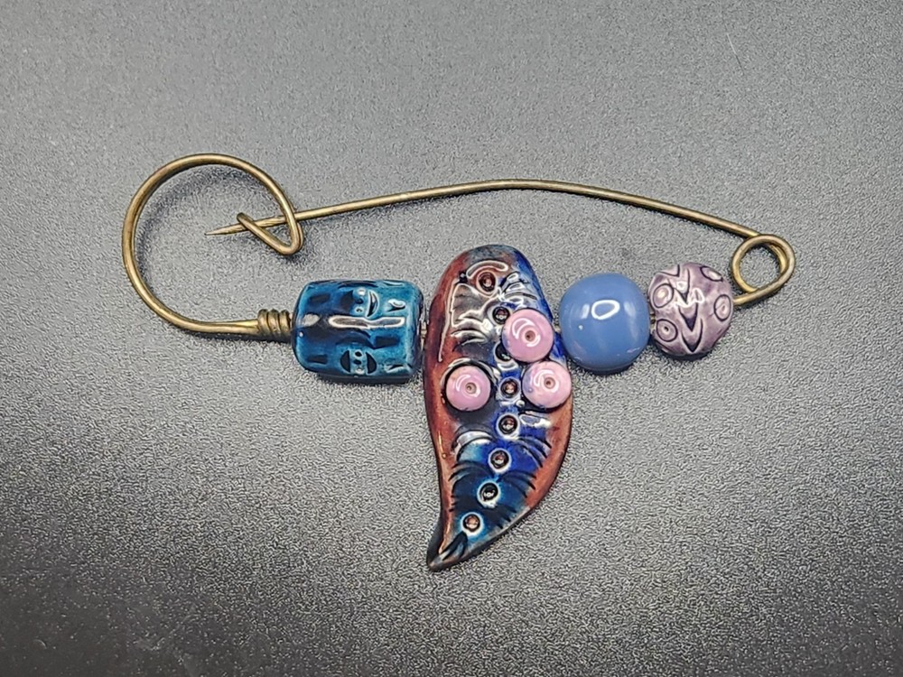 #0263 – Handmade Artisan Ceramic Bead Kilt Pin Brooch Blue Purple Abstract 3…