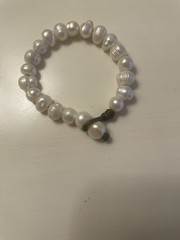 White Natural Pearl Bracelet on a Brown Cord Loop 6 3/4 inch Handmade Boho