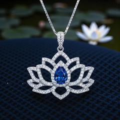 Blue Sapphire Necklace Lotus Flower Style Water lily Pendant 18KGP @ Sterling