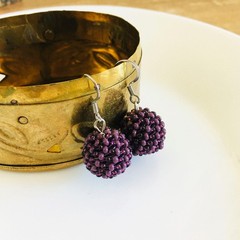 Plum Purple Beaded Ball Earrings Handmade Seed Bead Sphere Bon Bon Jewelry