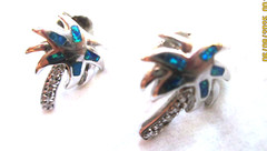 Blue Fire Opal Inlay Solid 925 Sterling Silver Palm Tree Post Earrings
