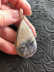 Rustic Artisan Southwest White Black Picasso Jasper Raindrop Pendant Bezel 2″