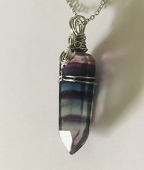 Natural rainbow fluorite crystal point wire wrapped pendant necklace